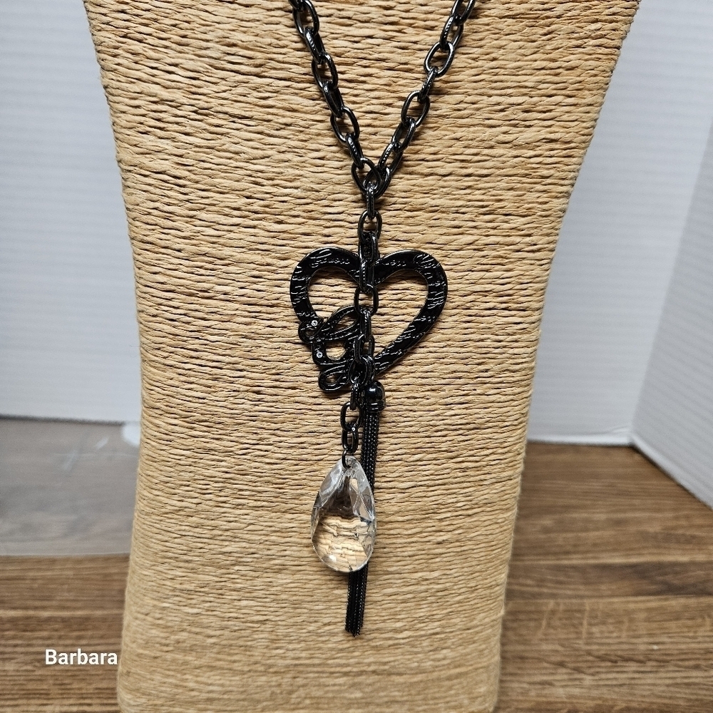 Vintage Guess Gunmetal Black Heart Drop Pendant Necklace